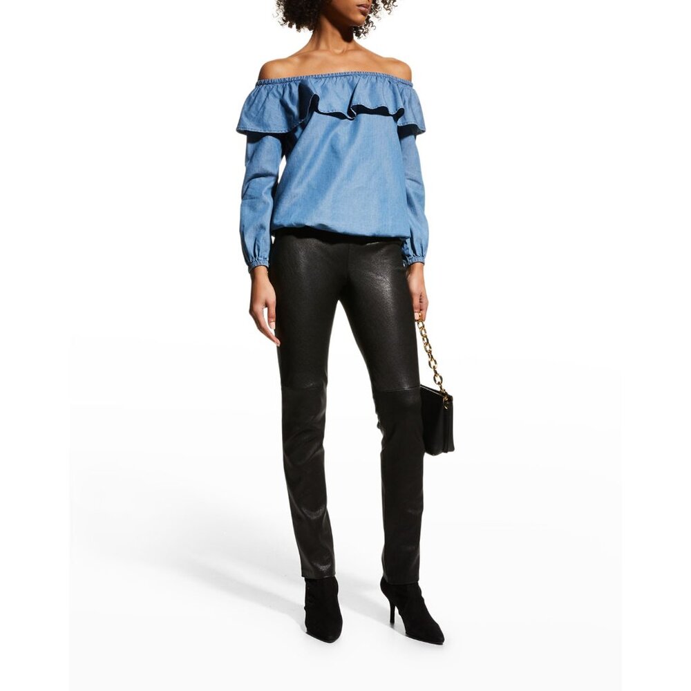Michael Kors Women's Ruffled Long Sleeve Off Shoulder Peasant Top Blue US Small